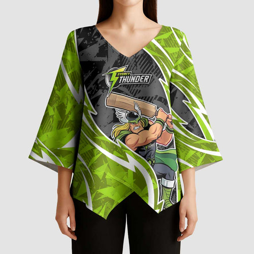 Sydney Thunder Kimono Sleeve Blouse Flaming Lightning Storm Geometric Sports Mascot Art
