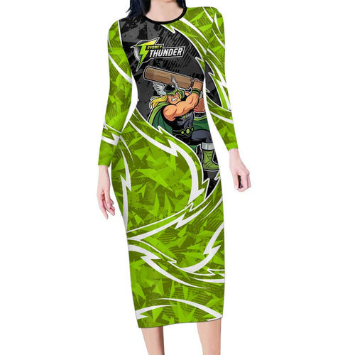 Sydney Thunder Long Sleeve Bodycon Dress Flaming Lightning Storm Geometric Sports Mascot Art