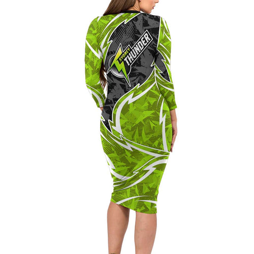 Sydney Thunder Long Sleeve Bodycon Dress Flaming Lightning Storm Geometric Sports Mascot Art