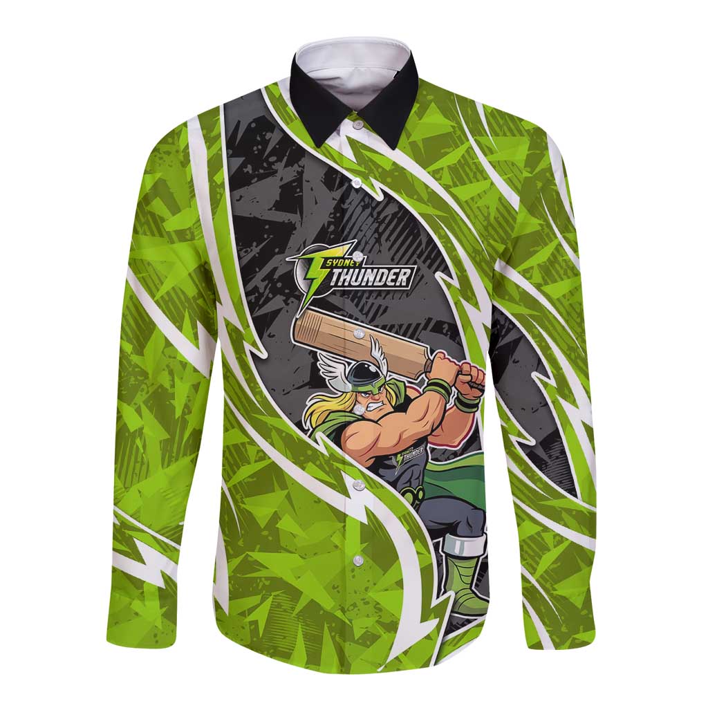 Sydney Thunder Long Sleeve Button Shirt Flaming Lightning Storm Geometric Sports Mascot Art
