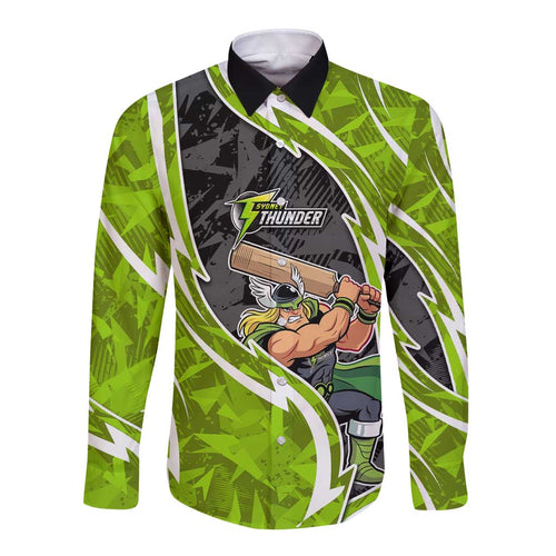 Sydney Thunder Long Sleeve Button Shirt Flaming Lightning Storm Geometric Sports Mascot Art