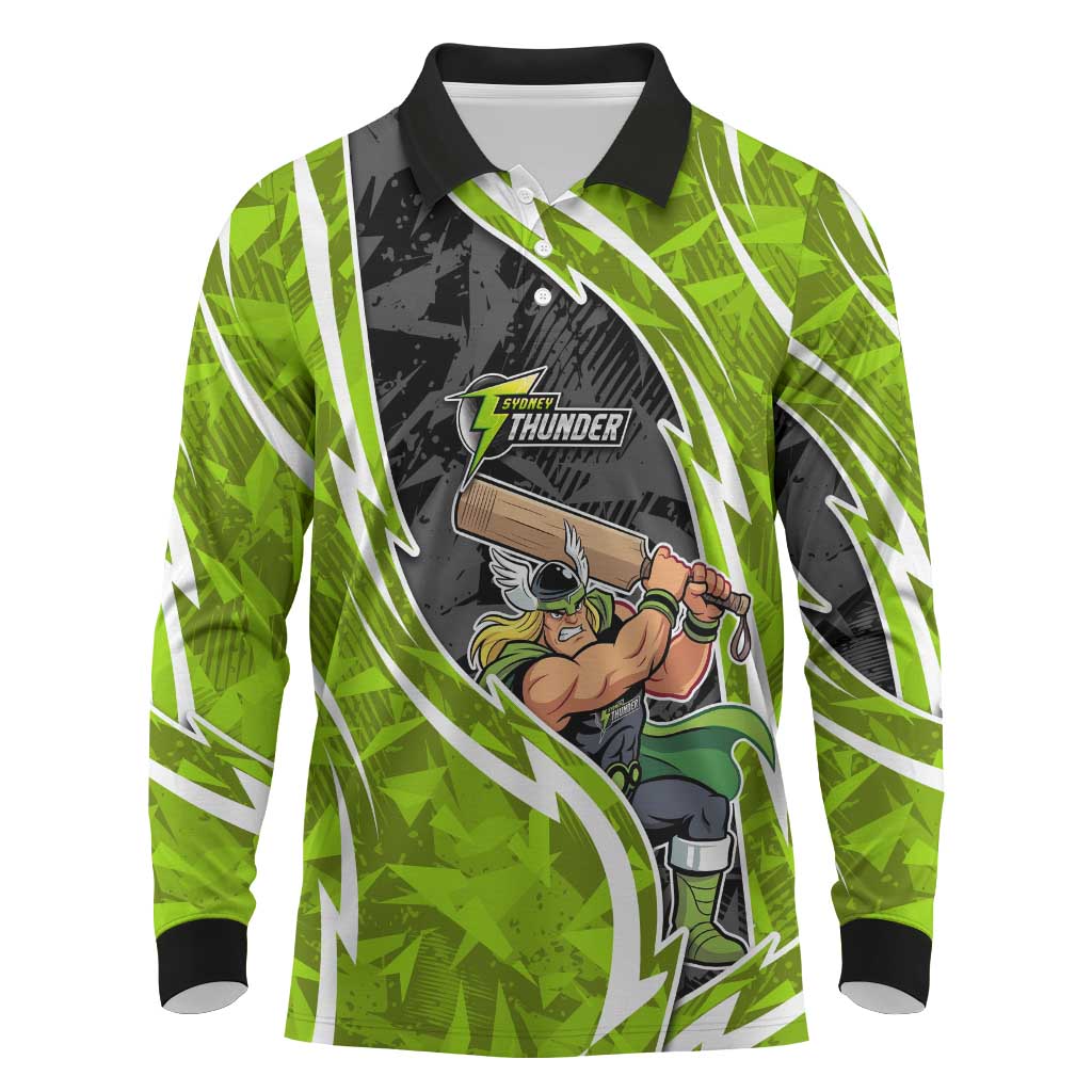 Sydney Thunder Long Sleeve Polo Shirt Flaming Lightning Storm Geometric Sports Mascot Art