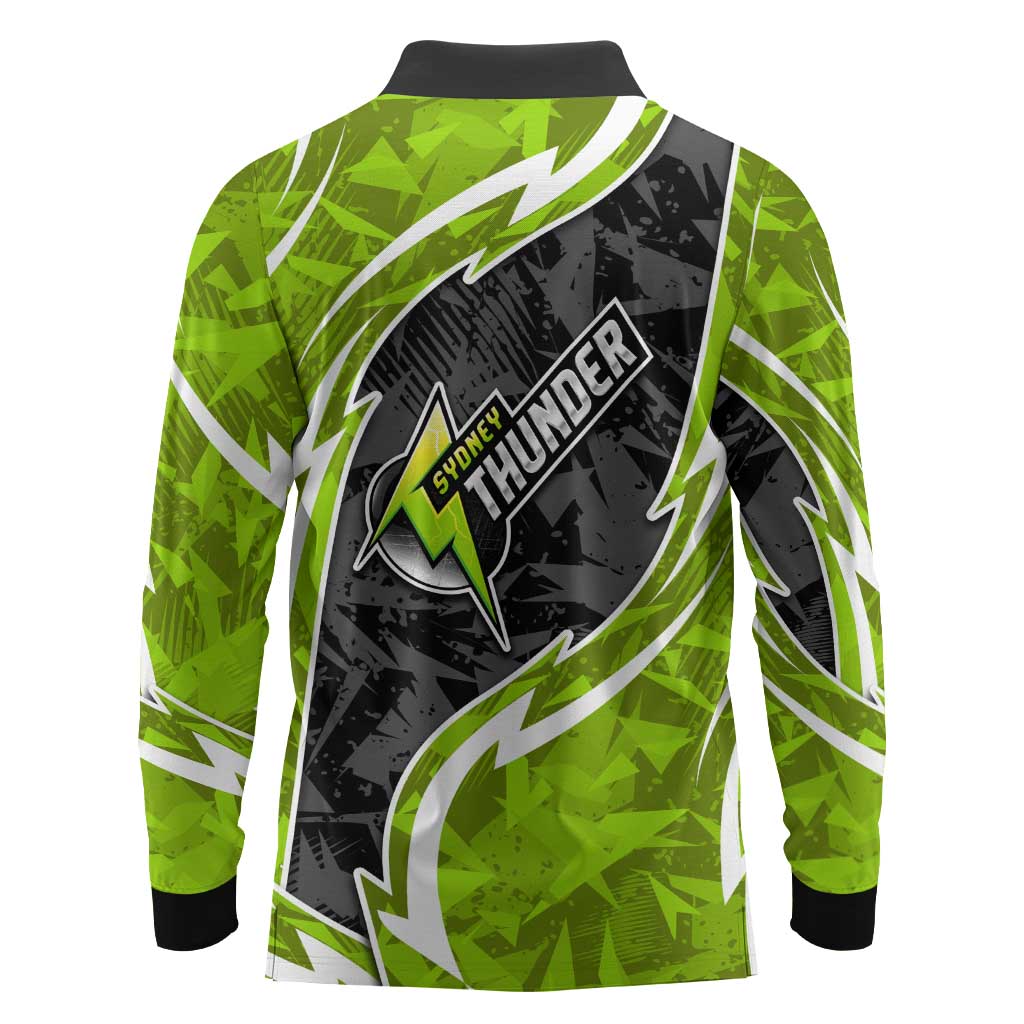 Sydney Thunder Long Sleeve Polo Shirt Flaming Lightning Storm Geometric Sports Mascot Art