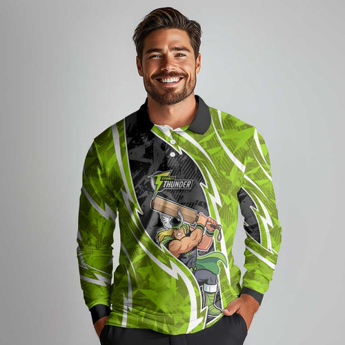 Sydney Thunder Long Sleeve Polo Shirt Flaming Lightning Storm Geometric Sports Mascot Art
