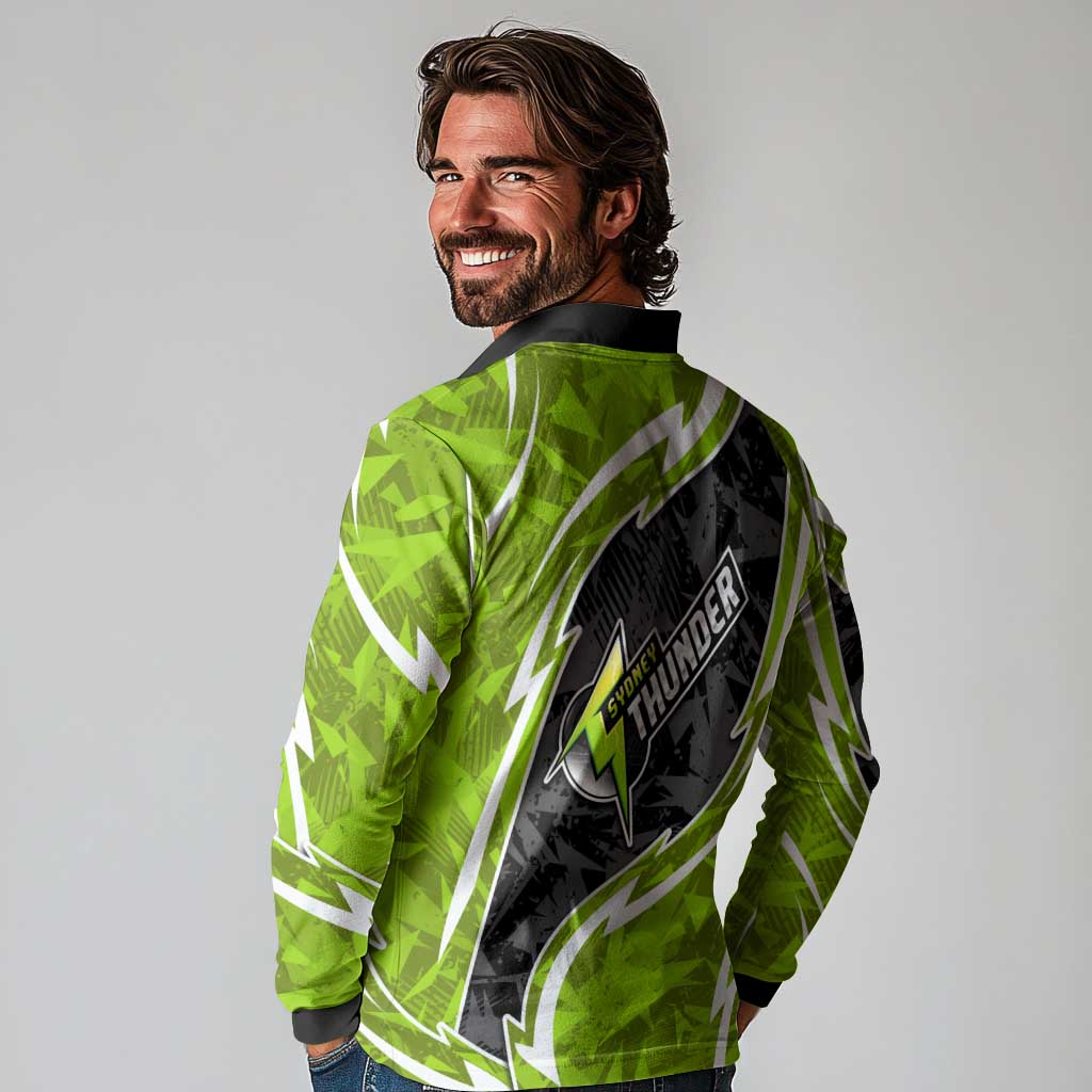 Sydney Thunder Long Sleeve Polo Shirt Flaming Lightning Storm Geometric Sports Mascot Art