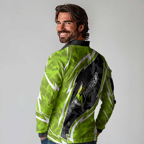 Sydney Thunder Long Sleeve Polo Shirt Flaming Lightning Storm Geometric Sports Mascot Art