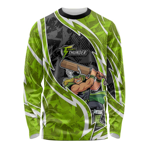 Sydney Thunder Long Sleeve Shirt Flaming Lightning Storm Geometric Sports Mascot Art