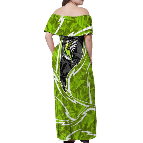 Sydney Thunder Off Shoulder Maxi Dress Flaming Lightning Storm Geometric Sports Mascot Art