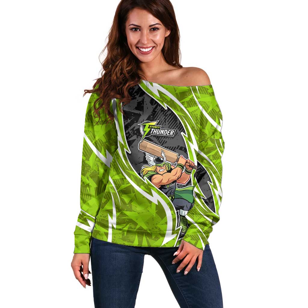 Sydney Thunder Off Shoulder Sweater Flaming Lightning Storm Geometric Sports Mascot Art