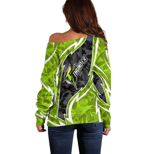 Sydney Thunder Off Shoulder Sweater Flaming Lightning Storm Geometric Sports Mascot Art