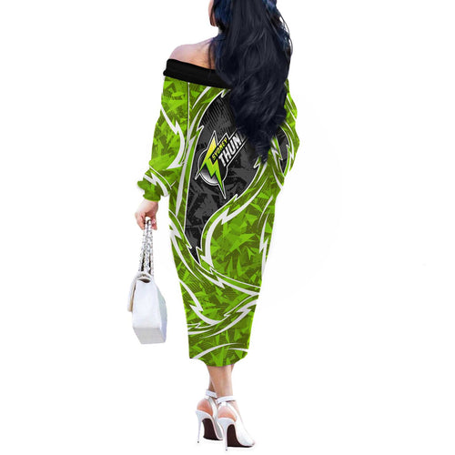 Sydney Thunder Off The Shoulder Long Sleeve Dress Flaming Lightning Storm Geometric Sports Mascot Art