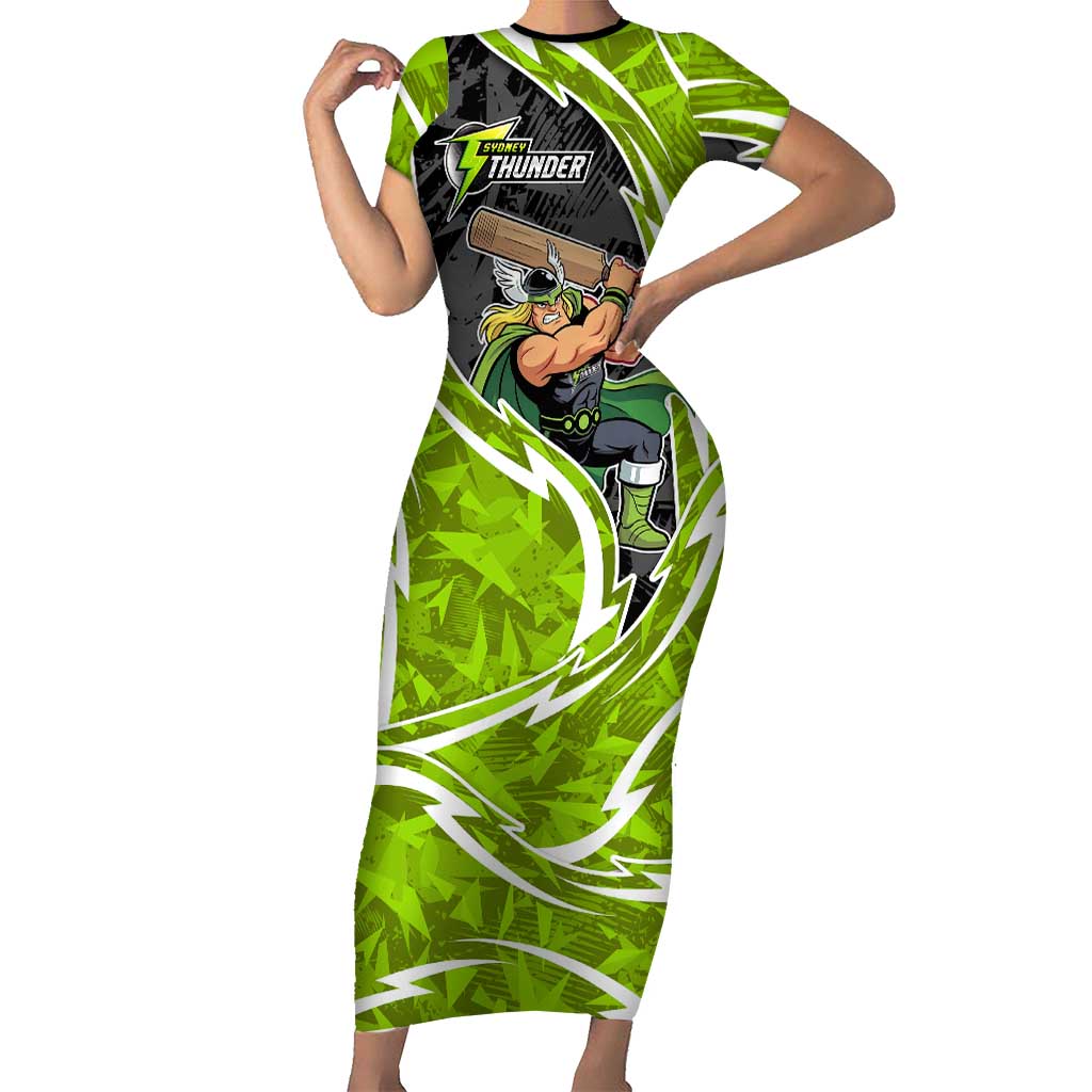 Sydney Thunder Short Sleeve Bodycon Dress Flaming Lightning Storm Geometric Sports Mascot Art