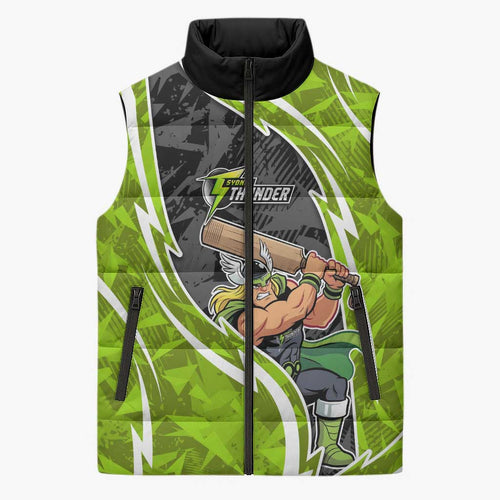 Sydney Thunder Sleeveless Puffer Jacket Flaming Lightning Storm Geometric Sports Mascot Art