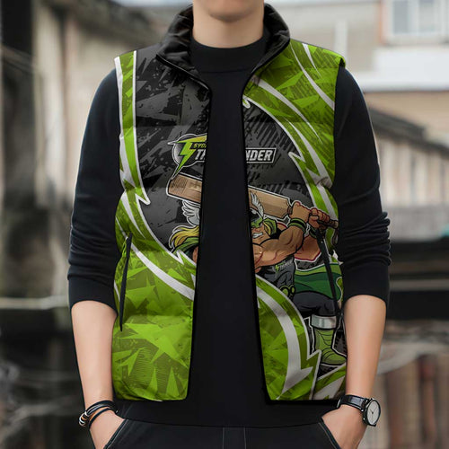 Sydney Thunder Sleeveless Puffer Jacket Flaming Lightning Storm Geometric Sports Mascot Art