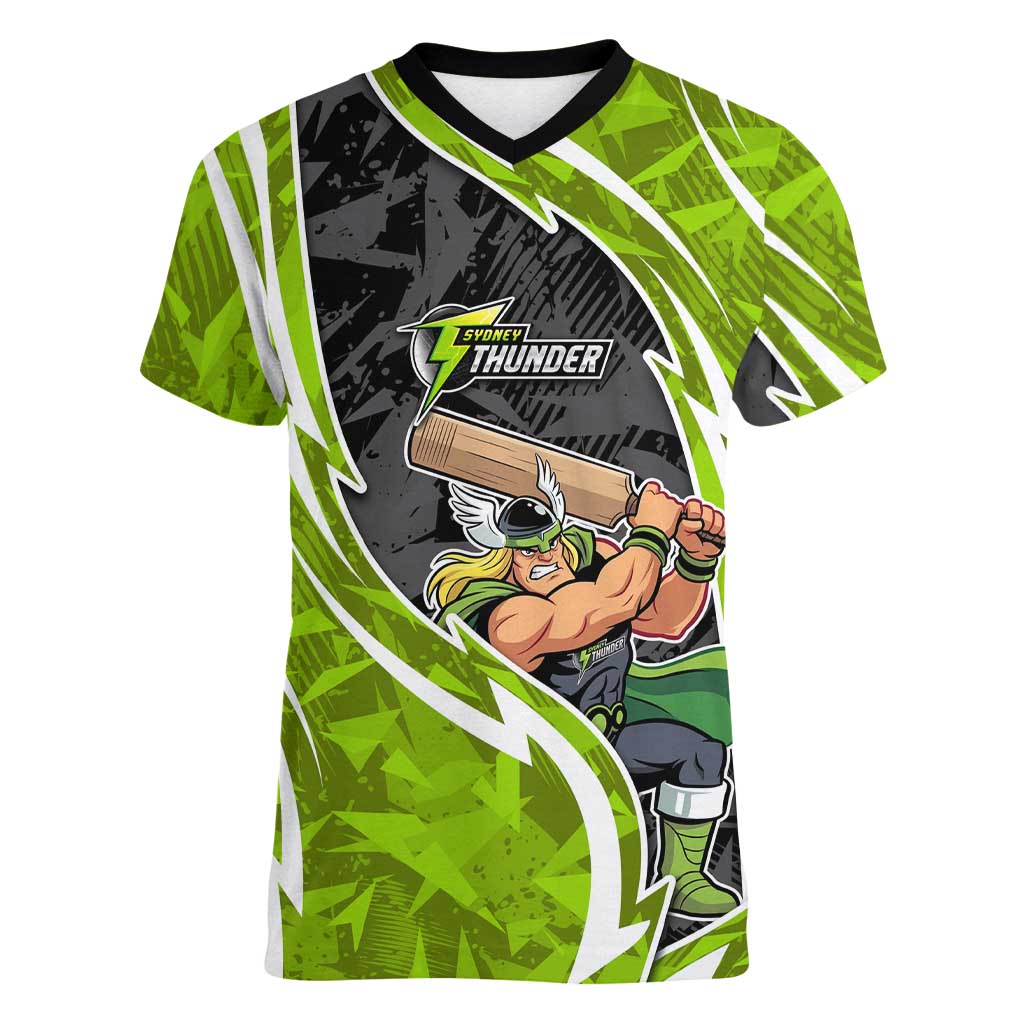 Sydney Thunder Women V-Neck T-Shirt Flaming Lightning Storm Geometric Sports Mascot Art