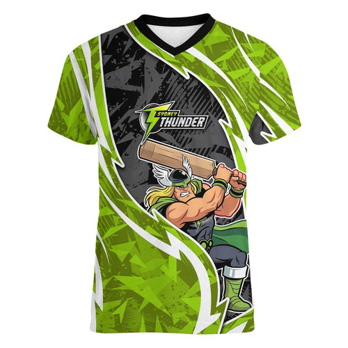 Sydney Thunder Women V-Neck T-Shirt Flaming Lightning Storm Geometric Sports Mascot Art