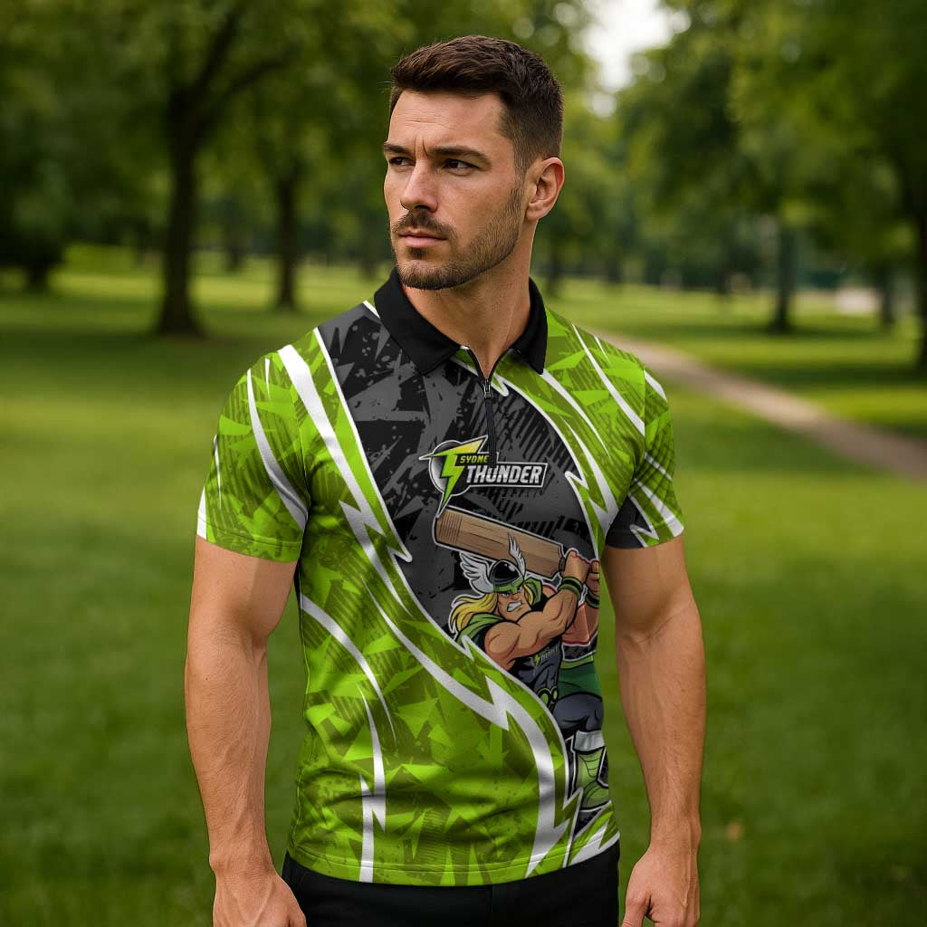 Sydney Thunder Zipper Polo Shirt Flaming Lightning Storm Geometric Sports Mascot Art
