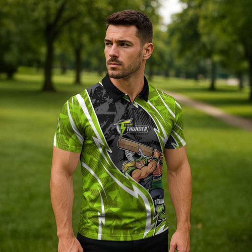 Sydney Thunder Zipper Polo Shirt Flaming Lightning Storm Geometric Sports Mascot Art