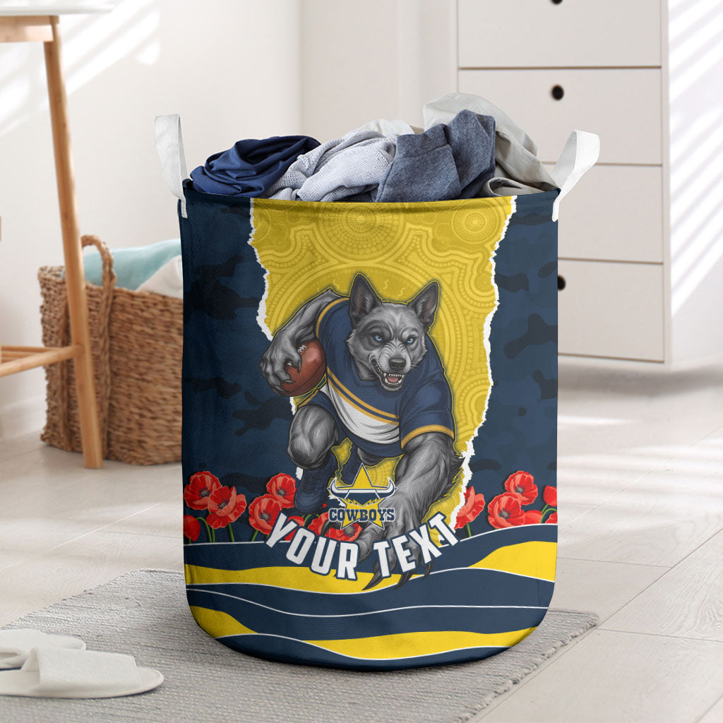 Personalized Cowboys ANZAC Tribute Laundry Basket Poppy Field Soldier Silhouette Aboriginal Rugby Mascot