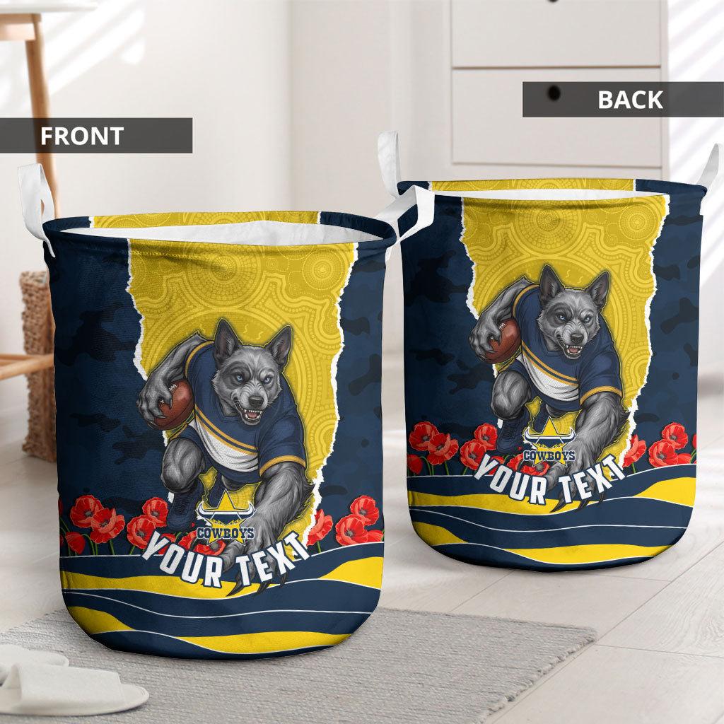 Personalized Cowboys ANZAC Tribute Laundry Basket Poppy Field Soldier Silhouette Aboriginal Rugby Mascot