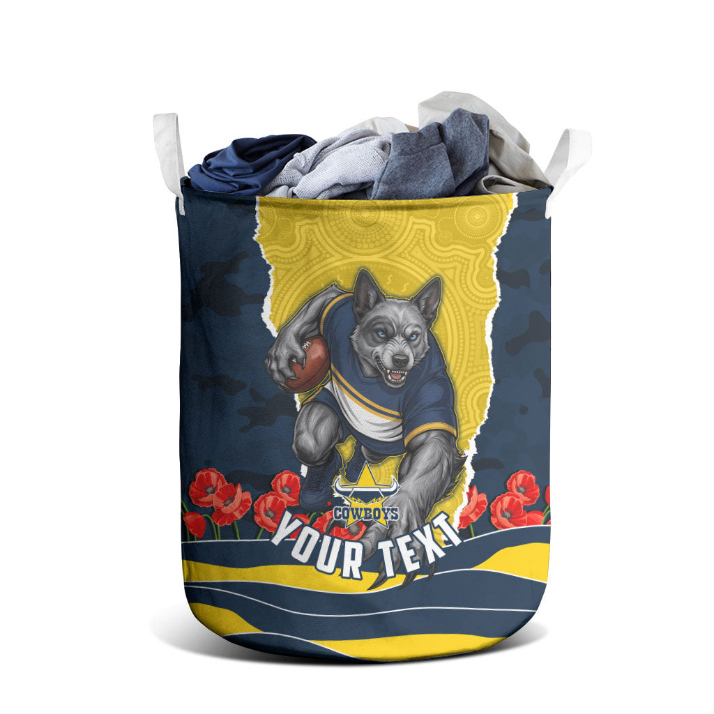 Personalized Cowboys ANZAC Tribute Laundry Basket Poppy Field Soldier Silhouette Aboriginal Rugby Mascot