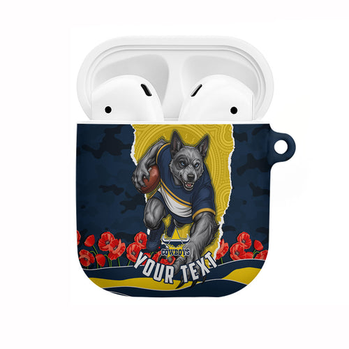 Personalized Cowboys ANZAC Tribute AirPods Case Poppy Field Soldier Silhouette Aboriginal Rugby Mascot