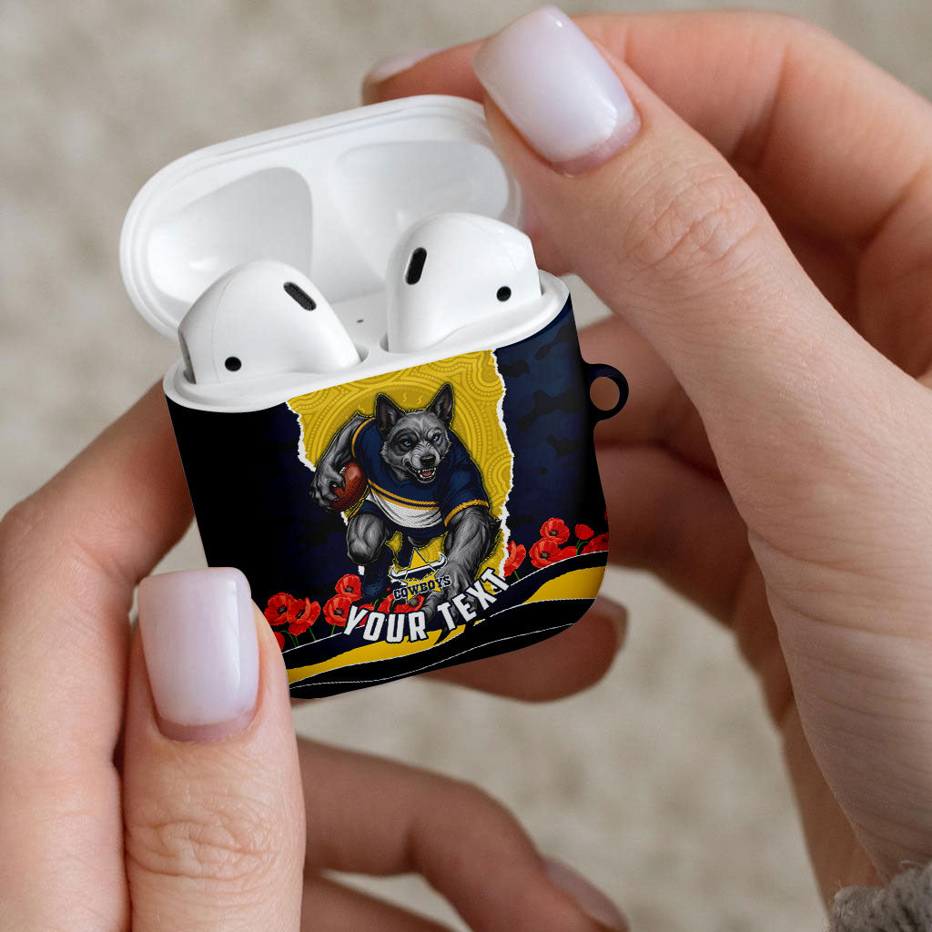 Personalized Cowboys ANZAC Tribute AirPods Case Poppy Field Soldier Silhouette Aboriginal Rugby Mascot