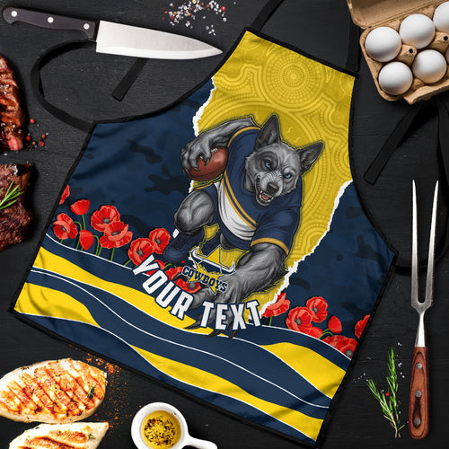 Personalized Cowboys ANZAC Tribute Apron Poppy Field Soldier Silhouette Aboriginal Rugby Mascot