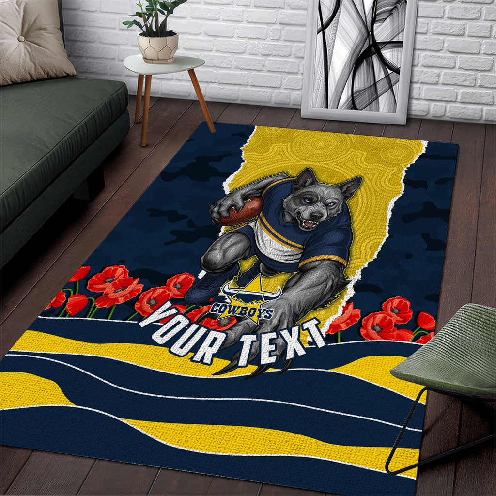 Personalized Cowboys ANZAC Tribute Area Rug Poppy Field Soldier Silhouette Aboriginal Rugby Mascot