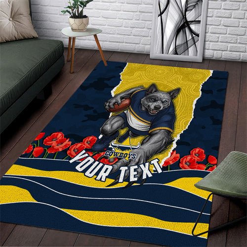 Personalized Cowboys ANZAC Tribute Area Rug Poppy Field Soldier Silhouette Aboriginal Rugby Mascot