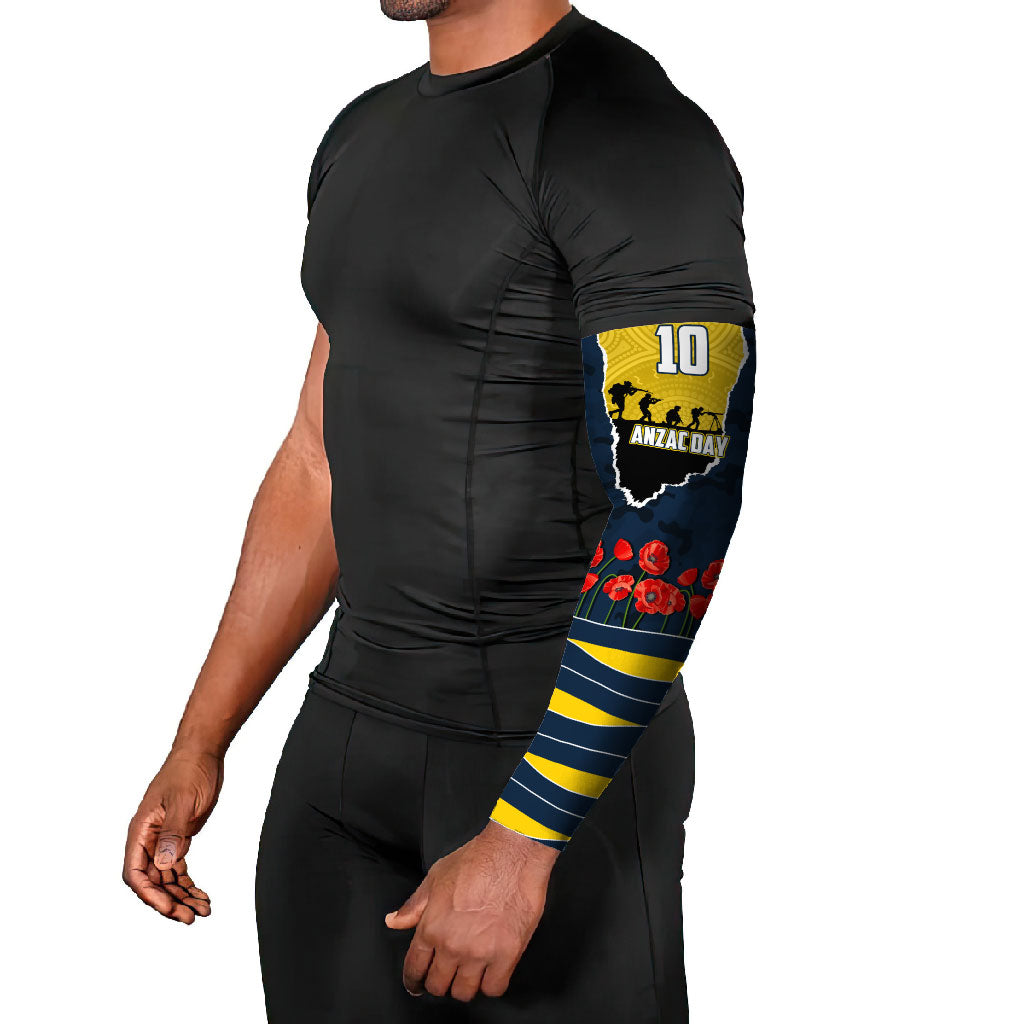 Personalized Cowboys ANZAC Tribute Arm Sleeves Poppy Field Soldier Silhouette Aboriginal Rugby Mascot