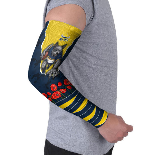 Personalized Cowboys ANZAC Tribute Arm Sleeves Poppy Field Soldier Silhouette Aboriginal Rugby Mascot