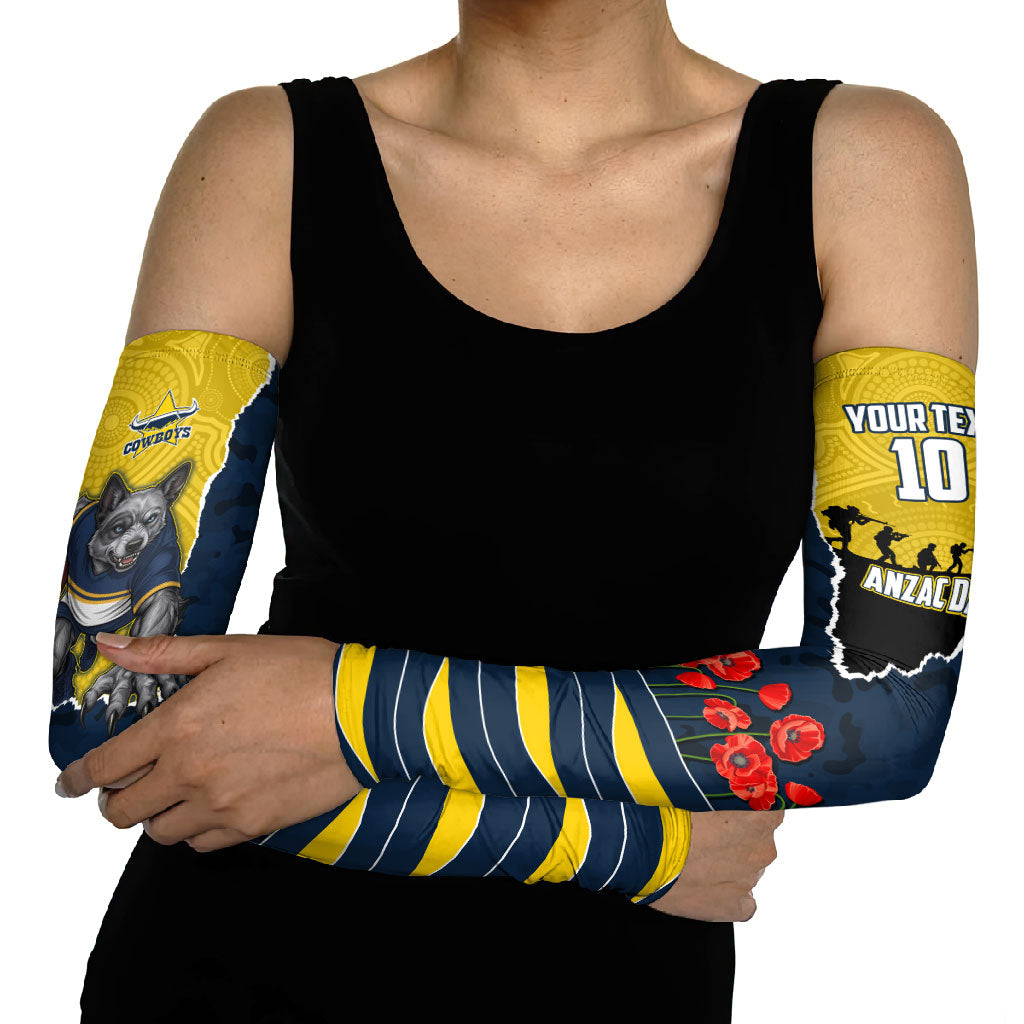 Personalized Cowboys ANZAC Tribute Arm Sleeves Poppy Field Soldier Silhouette Aboriginal Rugby Mascot