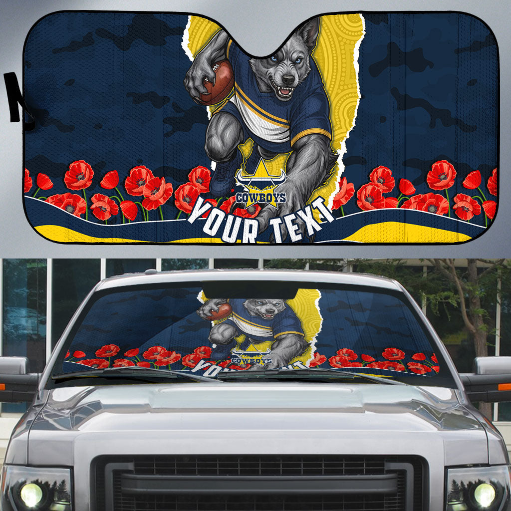Personalized Cowboys ANZAC Tribute Auto Sun Shade Poppy Field Soldier Silhouette Aboriginal Rugby Mascot