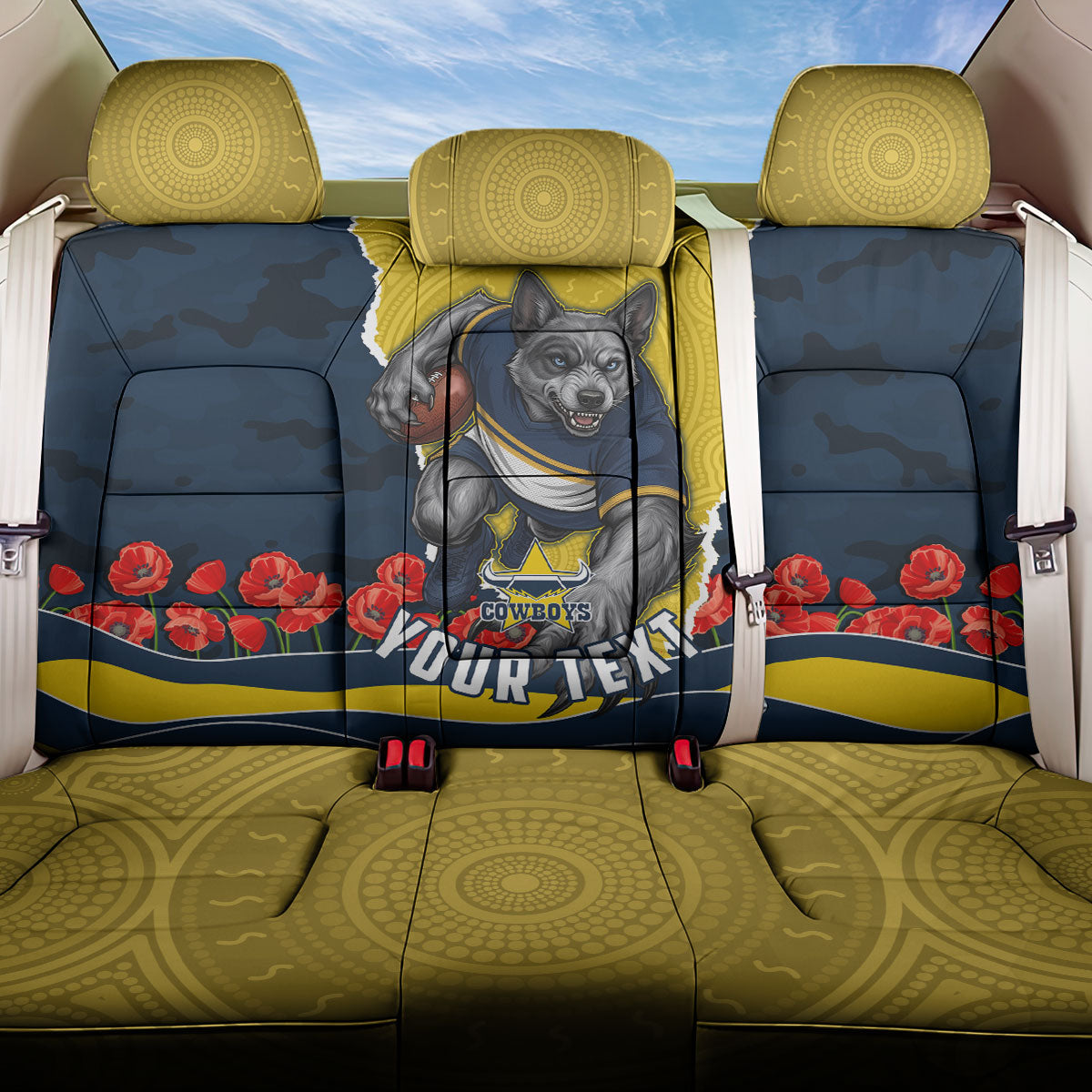 Personalized Cowboys ANZAC Tribute Back Car Seat Cover Poppy Field Soldier Silhouette Aboriginal Rugby Mascot