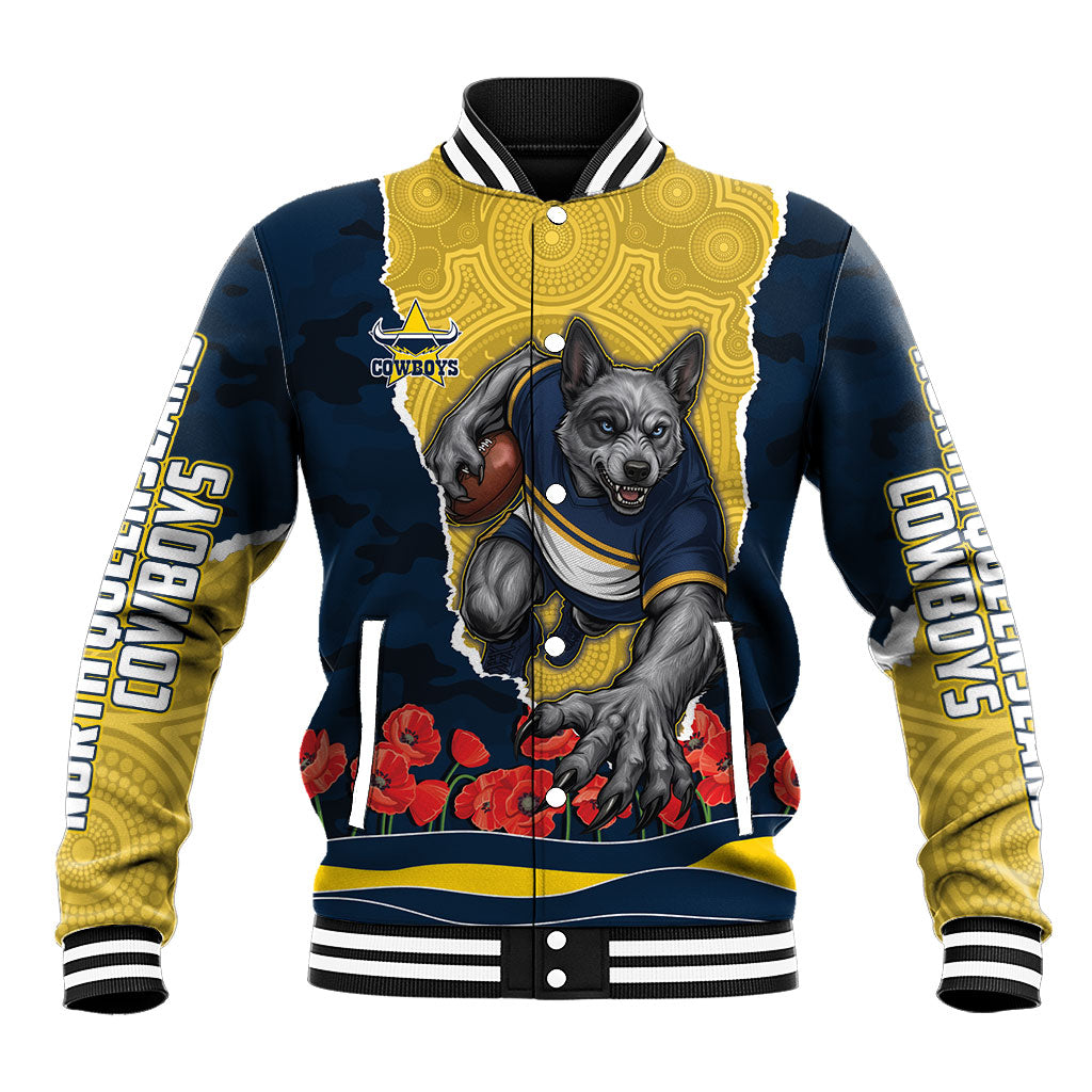 Personalized Cowboys ANZAC Tribute Baseball Jacket Poppy Field Soldier Silhouette Aboriginal Rugby Mascot