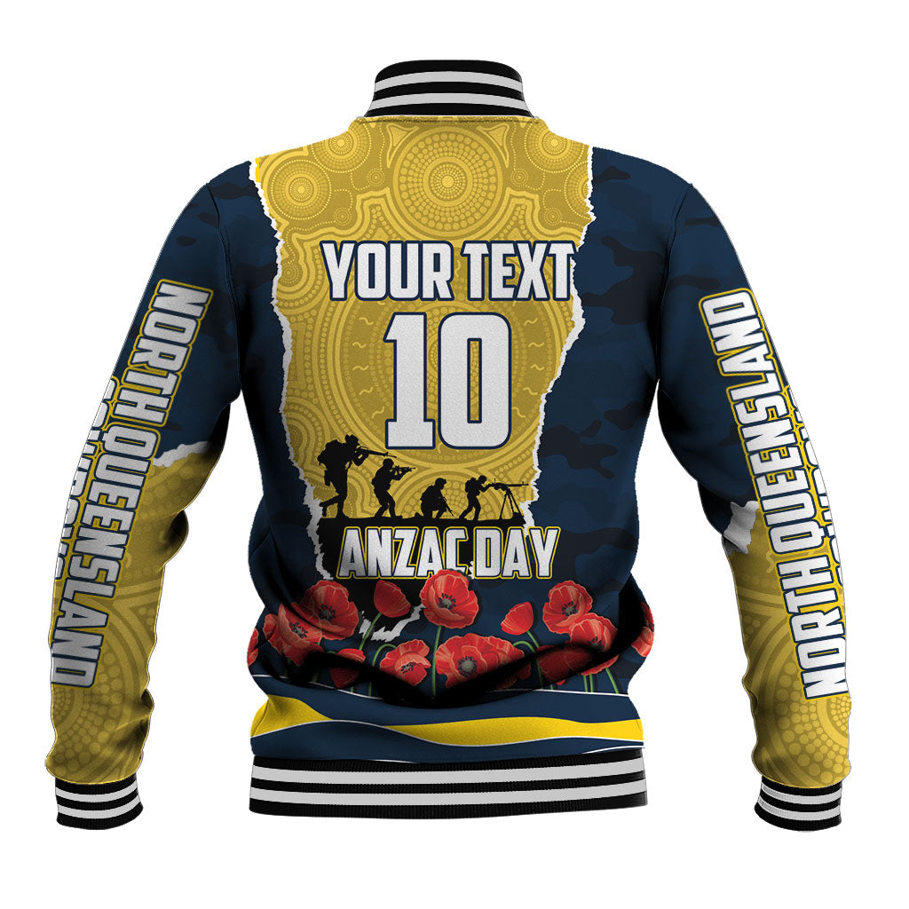 Personalized Cowboys ANZAC Tribute Baseball Jacket Poppy Field Soldier Silhouette Aboriginal Rugby Mascot