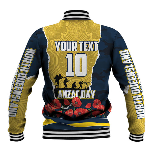Personalized Cowboys ANZAC Tribute Baseball Jacket Poppy Field Soldier Silhouette Aboriginal Rugby Mascot