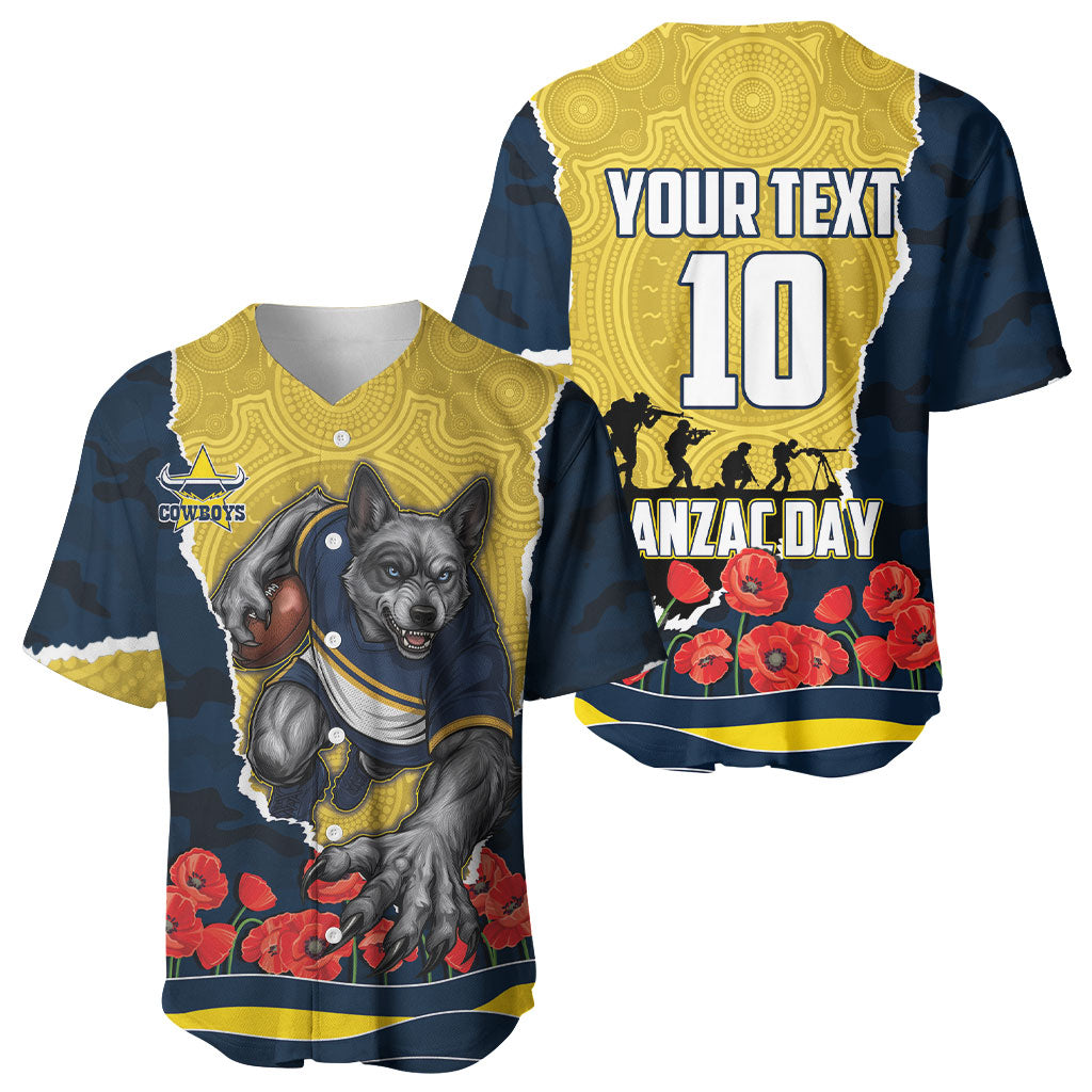 Personalized Cowboys ANZAC Tribute Baseball Jersey Poppy Field Soldier Silhouette Aboriginal Rugby Mascot