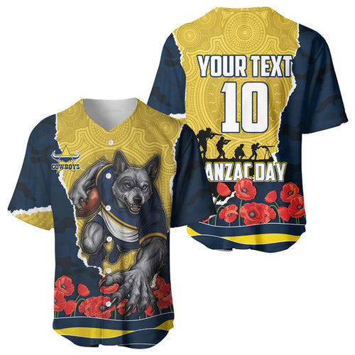 Personalized Cowboys ANZAC Tribute Baseball Jersey Poppy Field Soldier Silhouette Aboriginal Rugby Mascot