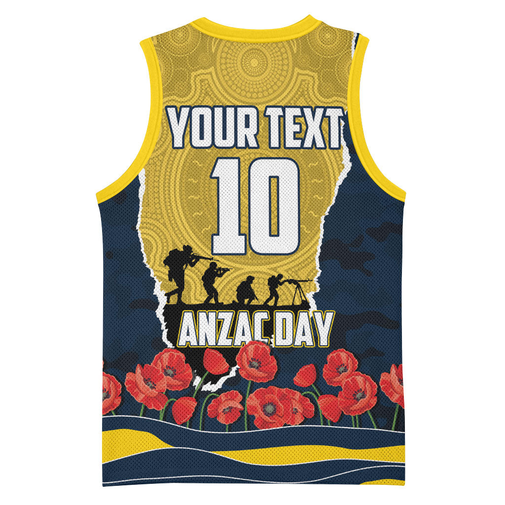 Personalized Cowboys ANZAC Tribute Basketball Jersey Poppy Field Soldier Silhouette Aboriginal Rugby Mascot