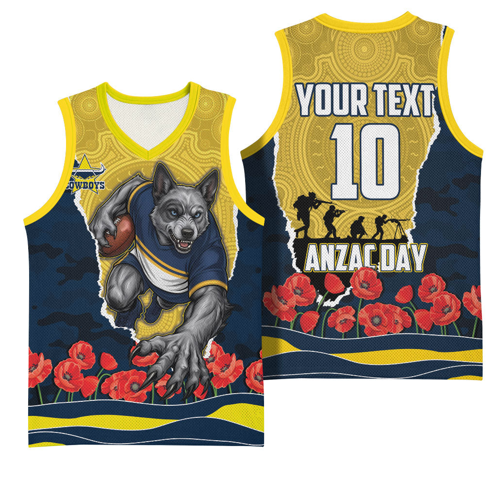Personalized Cowboys ANZAC Tribute Basketball Jersey Poppy Field Soldier Silhouette Aboriginal Rugby Mascot