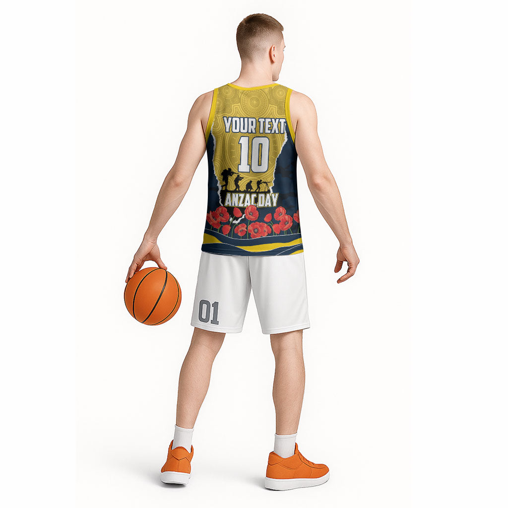 Personalized Cowboys ANZAC Tribute Basketball Jersey Poppy Field Soldier Silhouette Aboriginal Rugby Mascot