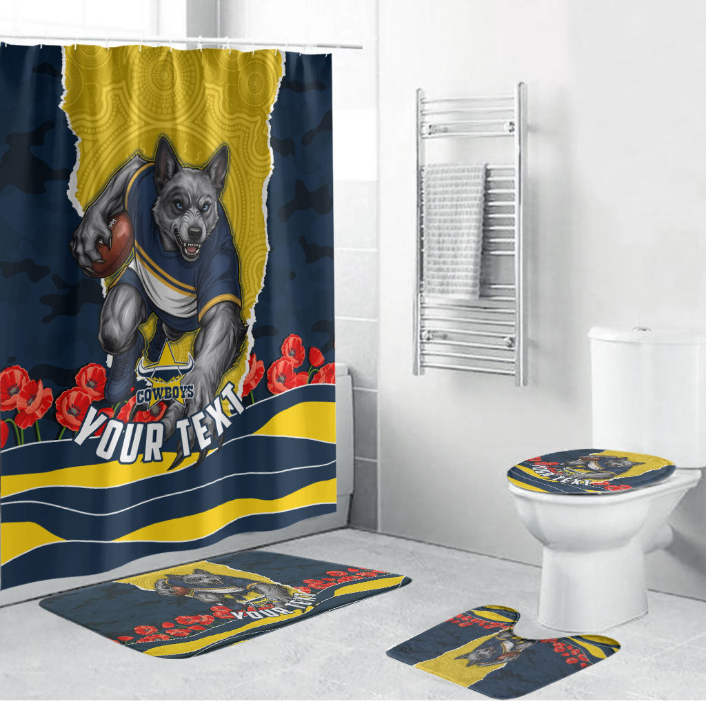 Personalized Cowboys ANZAC Tribute Bathroom Set Poppy Field Soldier Silhouette Aboriginal Rugby Mascot