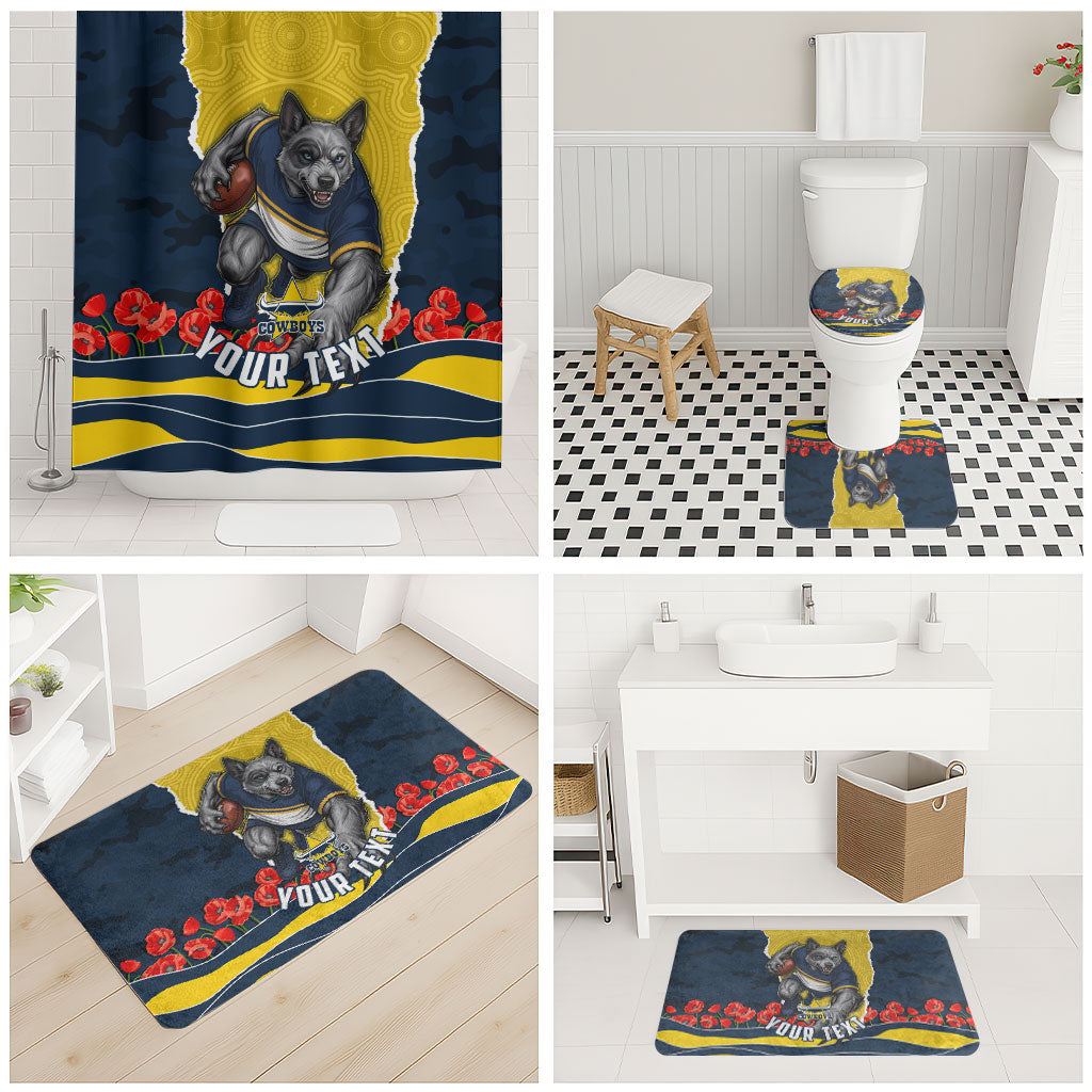 Personalized Cowboys ANZAC Tribute Bathroom Set Poppy Field Soldier Silhouette Aboriginal Rugby Mascot