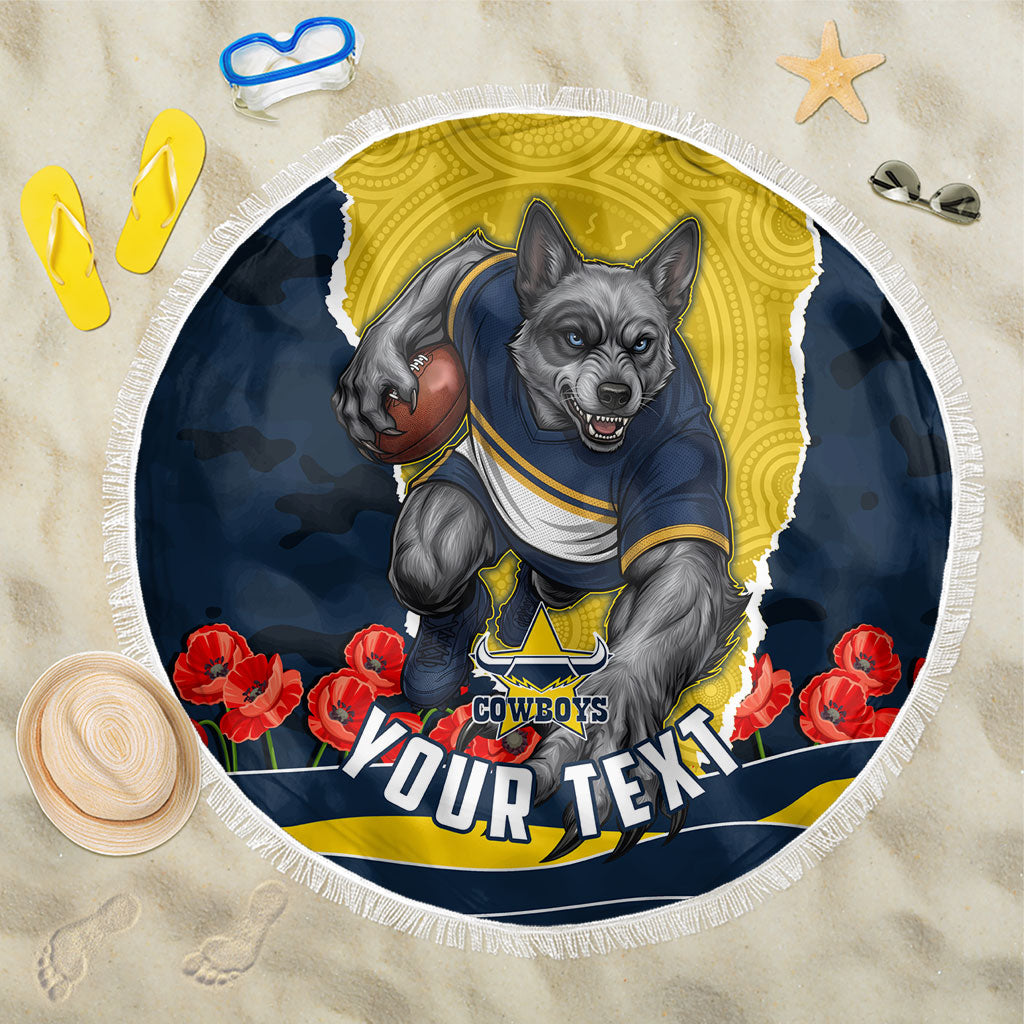 Personalized Cowboys ANZAC Tribute Beach Blanket Poppy Field Soldier Silhouette Aboriginal Rugby Mascot