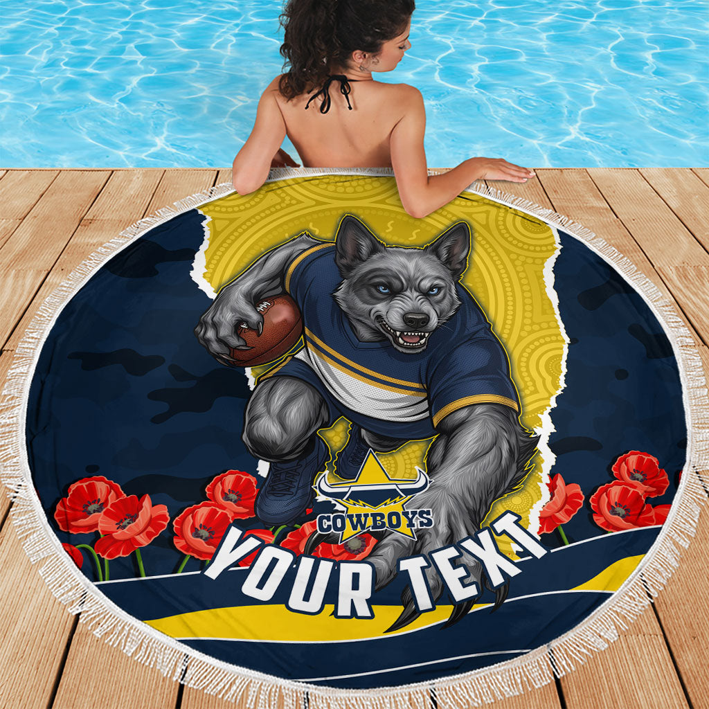 Personalized Cowboys ANZAC Tribute Beach Blanket Poppy Field Soldier Silhouette Aboriginal Rugby Mascot