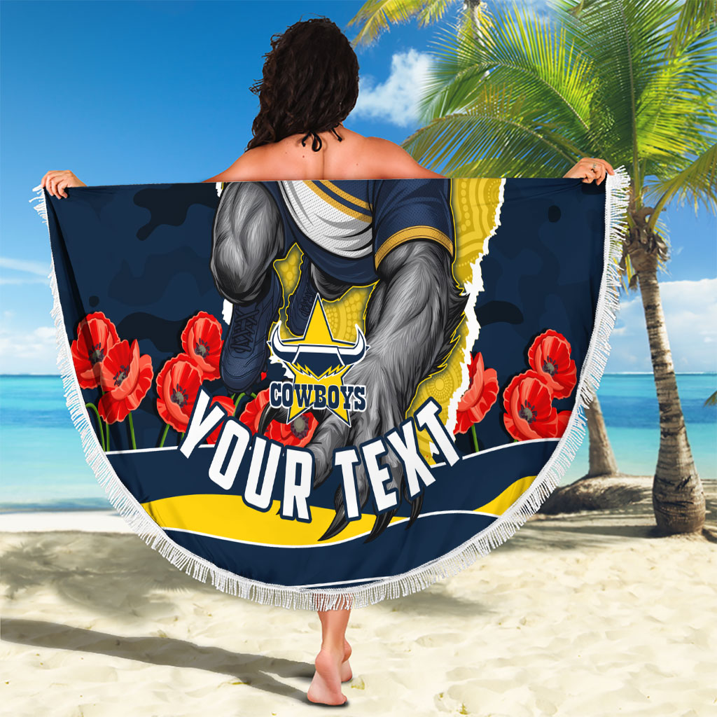 Personalized Cowboys ANZAC Tribute Beach Blanket Poppy Field Soldier Silhouette Aboriginal Rugby Mascot