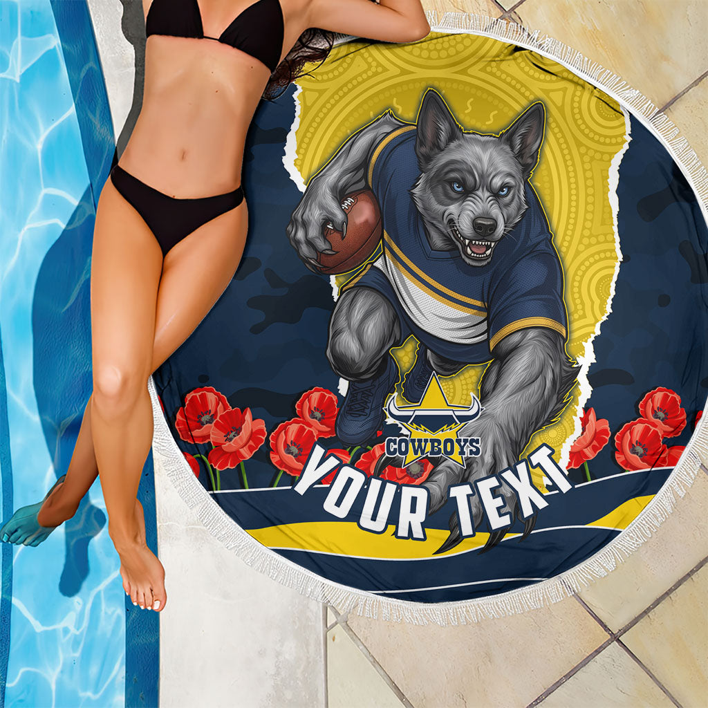 Personalized Cowboys ANZAC Tribute Beach Blanket Poppy Field Soldier Silhouette Aboriginal Rugby Mascot