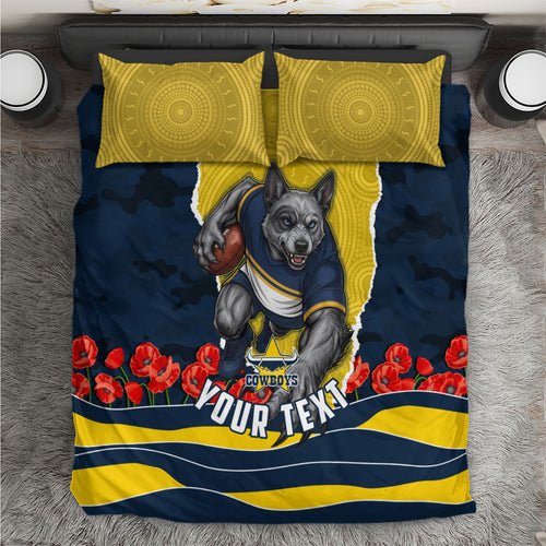 Personalized Cowboys ANZAC Tribute Bedding Set Poppy Field Soldier Silhouette Aboriginal Rugby Mascot
